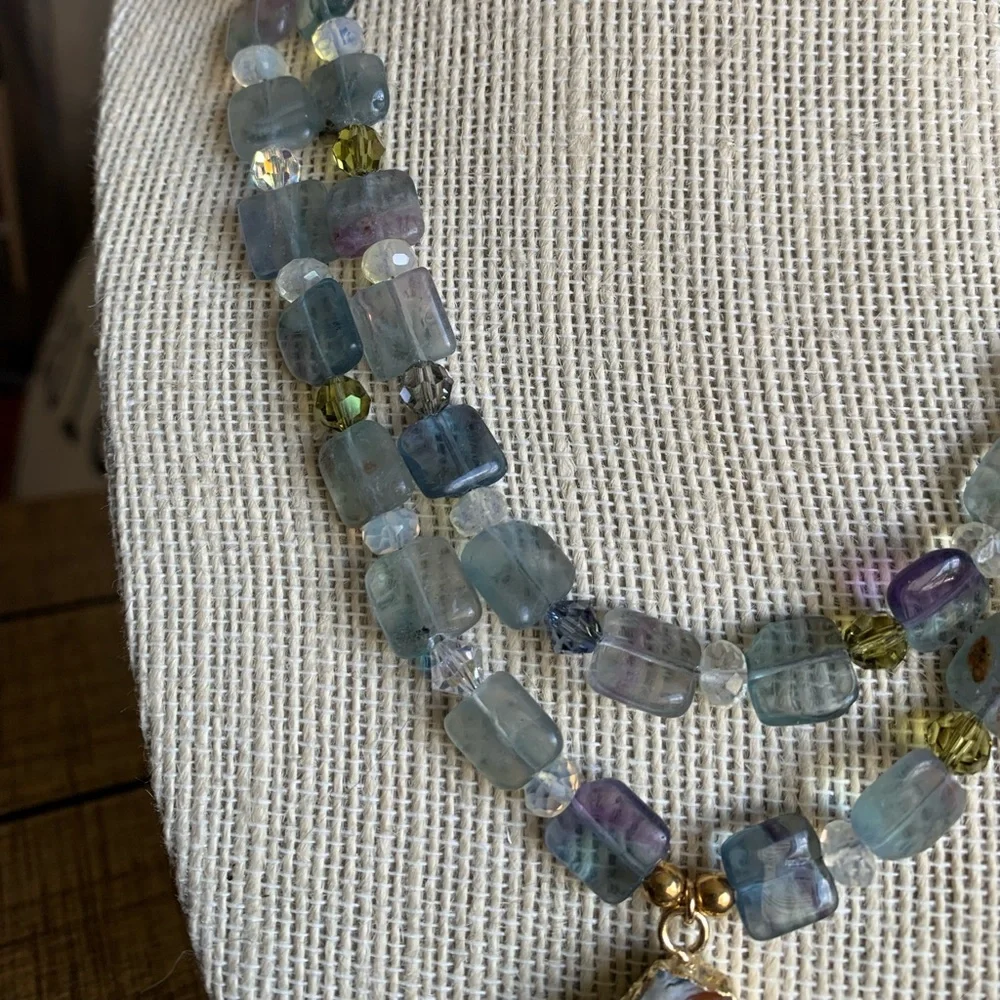 Handmade geode, amethyst, fluorite, & Swarovski crystal double strand necklace - Picture 5 of 8